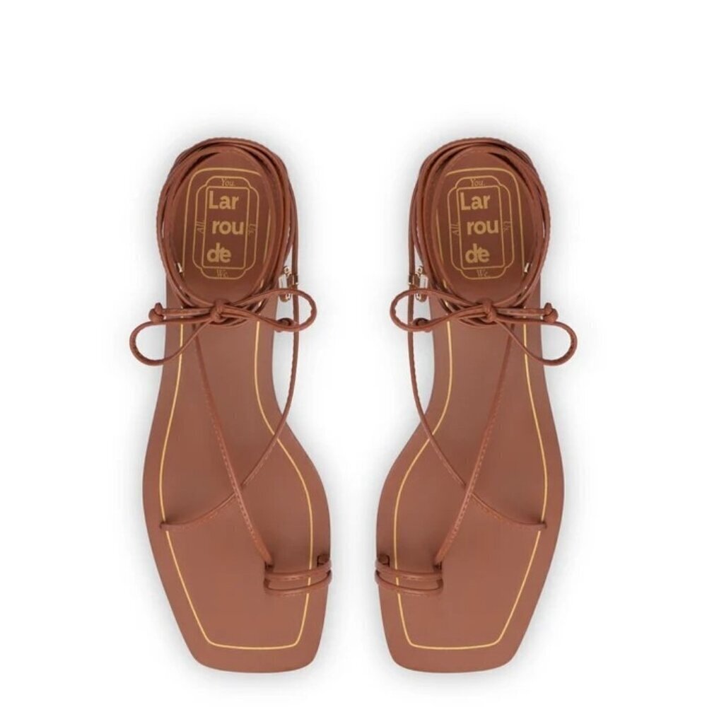 Larroude Portofino Flat Sandals in Caramel Leather 6 With Box Womens Wrap Slides - Picture 5 of 16